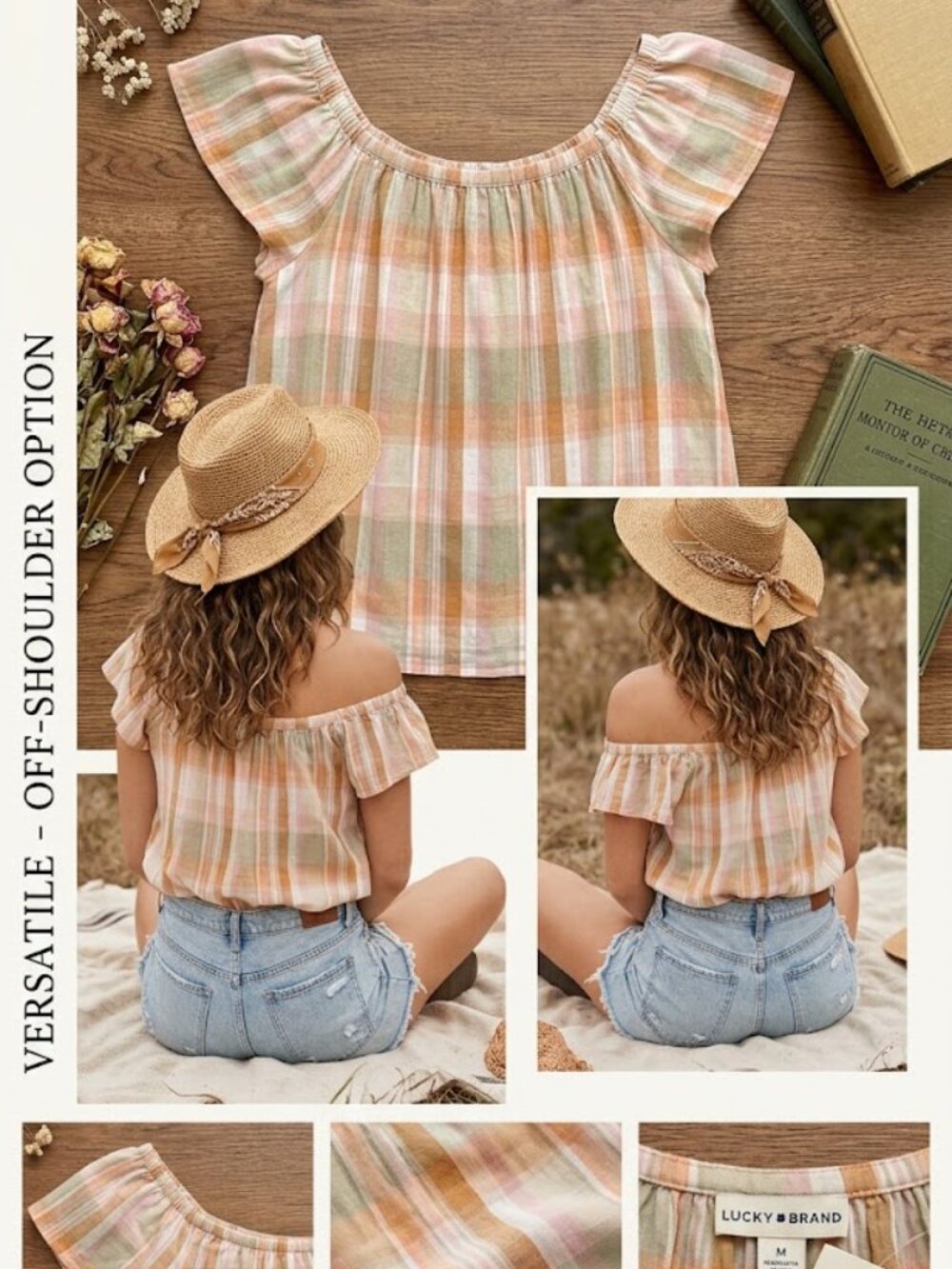 Lucky Brand Emily Plaid Flutter Sleeve Top - Small - Boho Cottagecore